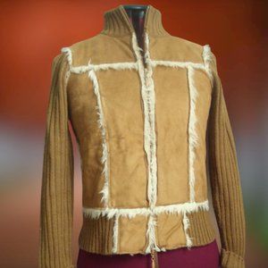 Vintage Vegan Faux Shearling Suede Zip Sweater Ribbed Sherpa Style
